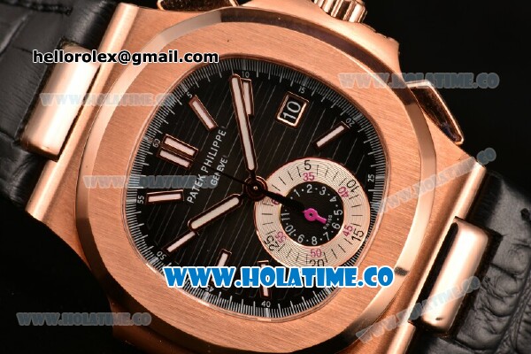 Patek Philippe Nautilus Chrono Swiss Valjoux 7750 Automatic Rose Gold Case with Stick Markers and Black Dial - 1:1 Original (BP) - Click Image to Close
